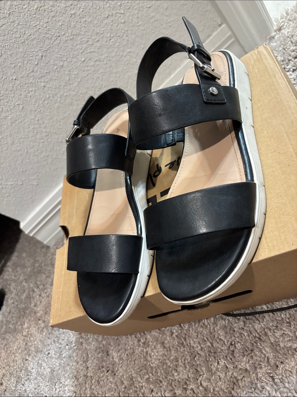 Aldo Black Two-Strap Platform Sandals with White Trim